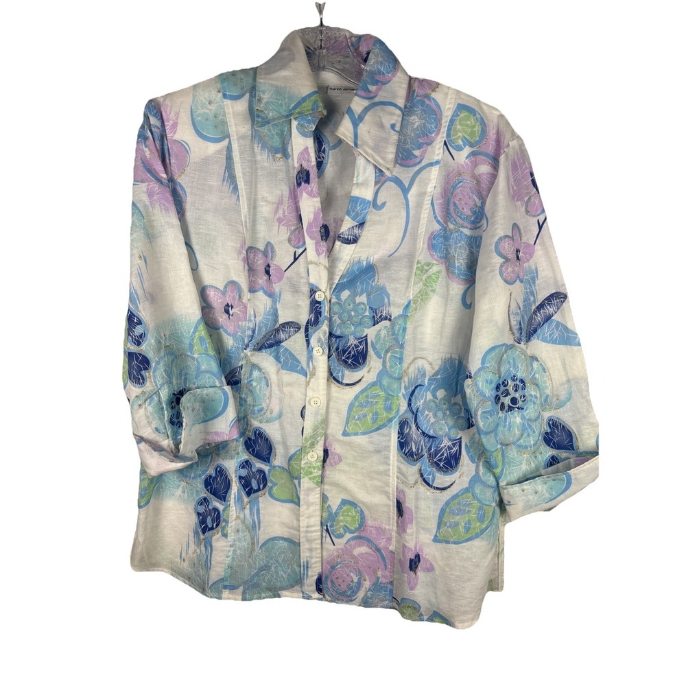Harve' Benard Linen Blend Top Women M Button Up 3/4 Sleeve Hearts Floral Shimmer